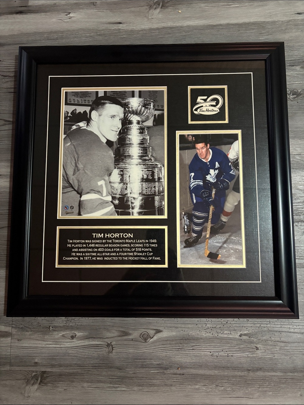 Tim Horton 50th Anniversary Framed Hockey Plaque  20.5”x20.5”
